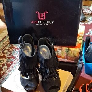 JustFab Black Peep-Toe Fringe Heels